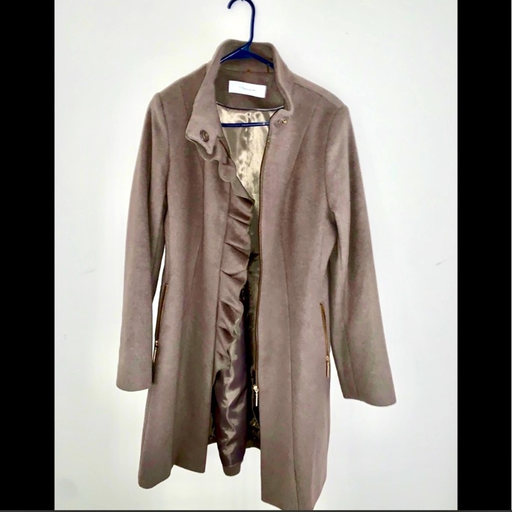 Tahari Kenya Ruffle Front Wool Blend Coat